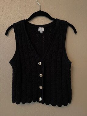 a new day Black Cable Knit V‑Neck Button Front Sweater Vest